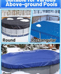 Pool Cover Cable And Winch Kit With 100 Ft Plastic Coated Steel Wire displayed on round, rectangular, and oval above-ground pools in winter.