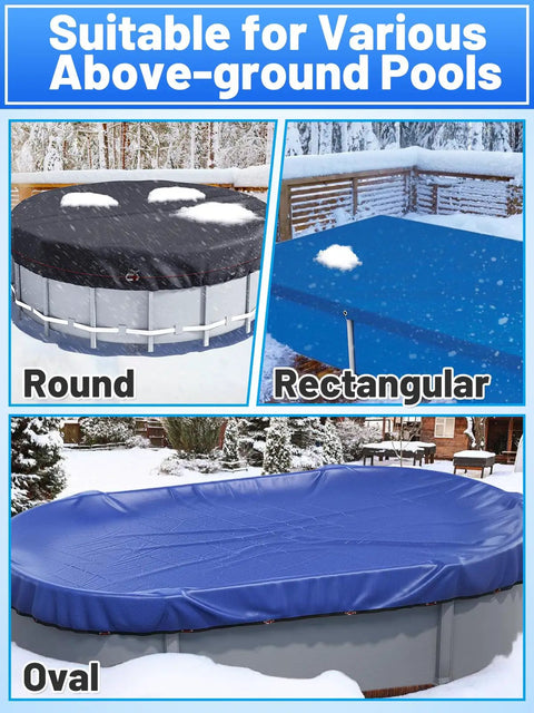 Pool Cover Cable And Winch Kit With 100 Ft Plastic Coated Steel Wire displayed on round, rectangular, and oval above-ground pools in winter.