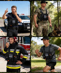 Work Ready Radio Chest Harness For Walkie Talkies in use by police, military, firefighter, and jogger with reflective straps.