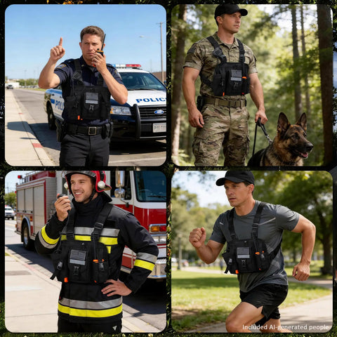 Work Ready Radio Chest Harness For Walkie Talkies in use by police, military, firefighter, and jogger with reflective straps.