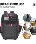 45L Tactical Assault Backpack With MOLLE System Waterproof Rucksack Black Rose shown with features for outdoor use