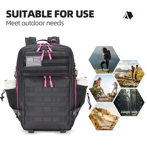 45L Tactical Assault Backpack With MOLLE System Waterproof Rucksack Black Rose shown with features for outdoor use