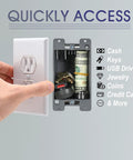 Hidden Wall Outlet Safe Disguised Electrical Receptacle with Magnetic Mounts shown storing cash, keys, and USB drive.