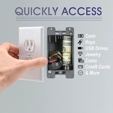Hidden Wall Outlet Safe Disguised Electrical Receptacle with Magnetic Mounts shown storing cash, keys, and USB drive.