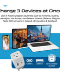 Plug adapter with USB A and C charging a phone, tablet, and laptop; 3 In 1 European Travel Plug Adapter With USB A And USB C Compact Type C Converter For Phones Laptops Cameras And More Works In Belgium France And Other EU Countries
