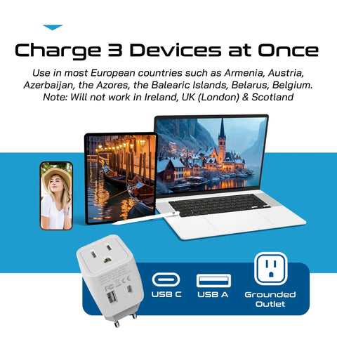 Plug adapter with USB A and C charging a phone, tablet, and laptop; 3 In 1 European Travel Plug Adapter With USB A And USB C Compact Type C Converter For Phones Laptops Cameras And More Works In Belgium France And Other EU Countries