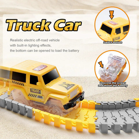 Yellow truck car on flexible track from Glow In The Dark Construction Race Track Set For Kids Ages 3 To 9, 264 Piece Buildable DIY Track