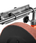 Close-up of 8 Inch Water Cooled Wet And Dry Sharpening System With 220 Grit Stone And Leather Strop Wheel, jig support visible