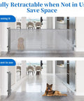 70 Inch Wide Retractable Baby Gate With 33 Inch Height, Upgraded Safety Double Snap Mesh Gate for doorways, shown in use and retracted.