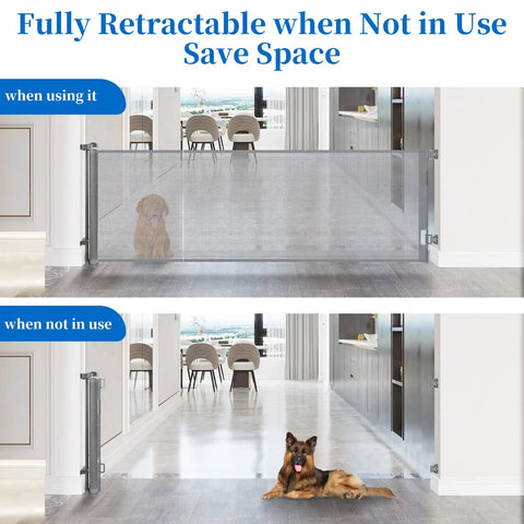 70 Inch Wide Retractable Baby Gate With 33 Inch Height, Upgraded Safety Double Snap Mesh Gate for doorways, shown in use and retracted.