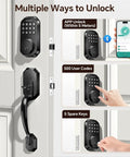 Slick Matte Black Smart Door Lock Featuring Super Quick Keyless Entry And Tight Bluetooth Handle That Pairs Directly With Your Phone App Control For Hassle Free Access, showcasing multiple unlocking methods.