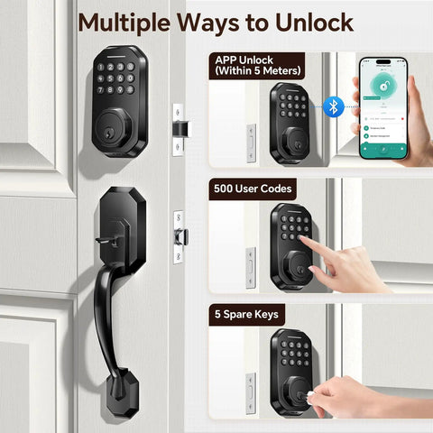 Slick Matte Black Smart Door Lock Featuring Super Quick Keyless Entry And Tight Bluetooth Handle That Pairs Directly With Your Phone App Control For Hassle Free Access, showcasing multiple unlocking methods.