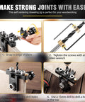 Steps of using 3-In-1 Dowel Jig Kit for precise doweling and self centering alignment with adjustable drill guides on wood.