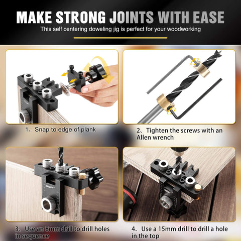 Steps of using 3-In-1 Dowel Jig Kit for precise doweling and self centering alignment with adjustable drill guides on wood.