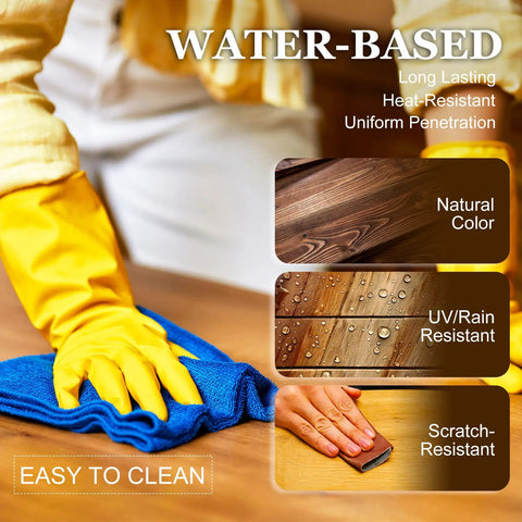 Person using blue cloth to clean a surface, showcasing benefits of Red Cherry Wood Stain Water Based Matte Finish Fast Drying Formula.