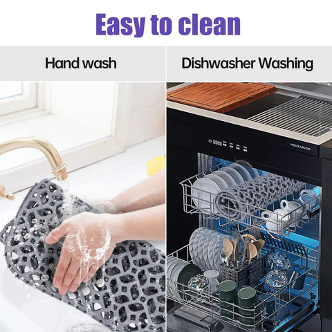 Heat Resistant Silicone Sink Protector Mat With No Slip Grid Design showing hand wash and dishwasher cleaning options