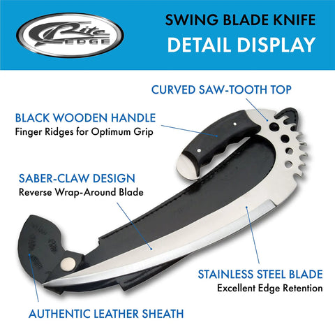 12 Inch Fantasy Swing Blade Knife With Saw Tooth Stainless Blade Full Tang Tactical Saber Claw Black Wood Handle Leather Sheath