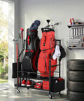 Two Tier Golf Bag Storage Organizer for Garage Holds Two Golf Bags Plus Extra Clubs Shoes Balls and Accessories with Side Ball Pouch and Side Rack for Flags Towels and Hooks Grab and Go Ready in garage setup with golf bags and tools.