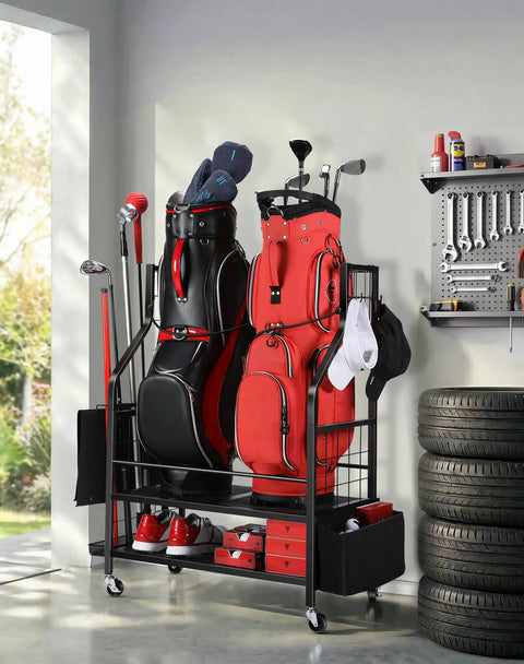 Two Tier Golf Bag Storage Organizer for Garage Holds Two Golf Bags Plus Extra Clubs Shoes Balls and Accessories with Side Ball Pouch and Side Rack for Flags Towels and Hooks Grab and Go Ready in garage setup with golf bags and tools.