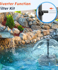 Pond Filter Box With U-V Clarifier And 660GPH Fountain Pump Kit for 1180 Gal Ponds showing diverter function in stone waterfall.