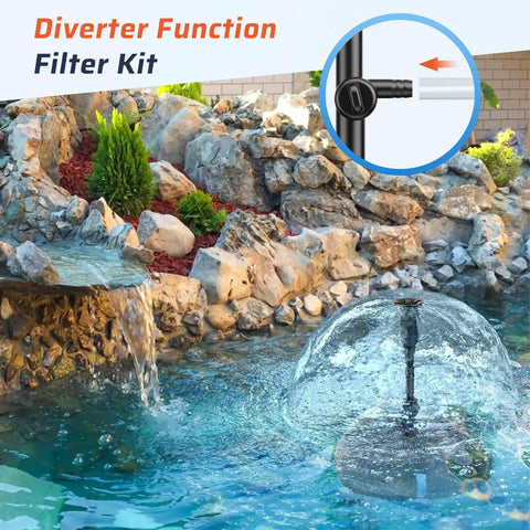 Pond Filter Box With U-V Clarifier And 660GPH Fountain Pump Kit for 1180 Gal Ponds showing diverter function in stone waterfall.