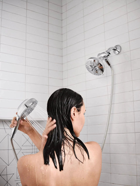 High Pressure Dual Shower Head with Handheld Spray Eight Settings Chrome Finish Three Way Diverter in use in a shower