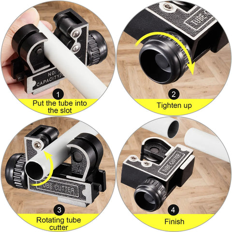 Spurtar mini pipe cutter tool for 3–28 mm tubes; black clamp-style cutter with adjustable knob