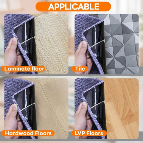 Non Slip Rug Corner Grippers Pack Of 8 used on laminate, tile, hardwood, and LVP floors with strong dual sided adhesive.