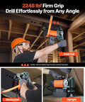 VEVOR magnetic drill press on metal beam; orange and green body with operator in safety gear