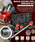 12R Manual Exposed Ratchet Pipe Threader Set With 6 NPT Die Heads From Half Inch To Two Inch Pipe Portable Tool Kit With Storage Case For Plumbing Installation And Repair, showing die heads and tool.