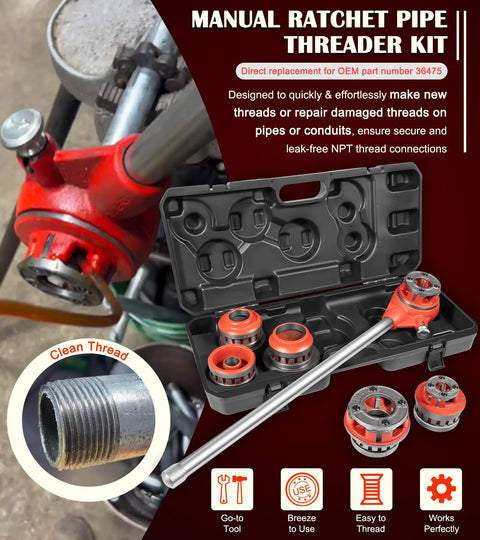 12R Manual Exposed Ratchet Pipe Threader Set With 6 NPT Die Heads From Half Inch To Two Inch Pipe Portable Tool Kit With Storage Case For Plumbing Installation And Repair, showing die heads and tool.