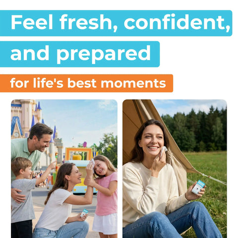 Ultra Compact Travel Flushable Wipes With 99.5 Percent Water And Aloe, Hypoallergenic and Unscented, family and camping scenes