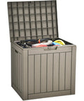31 Gallon Outdoor Storage Deck Box With Lockable Lid, Waterproof Resin Construction holding pool accessories, taupe color