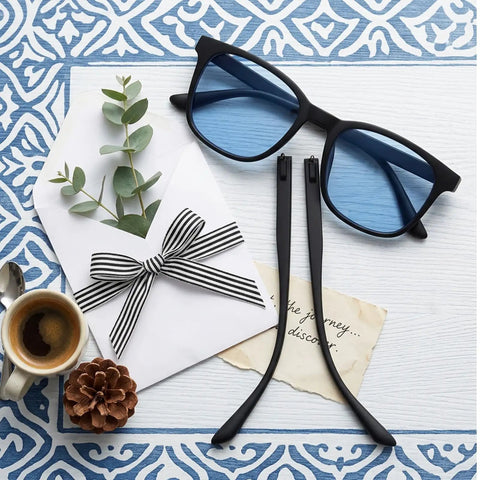 Universal Eyeglass Temple Arms One Pair Sturdy TR90 Replacement Kit With Brass Screws Anti Slip Nose Pads and Precision Tool for Zero Drama Glasses Repair resting beside stylish sunglasses.