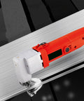 Sicwedim 500W Electric Metal Cutting Shears on stainless steel with cutting edge, showcasing its compact design for sheet metal work.
