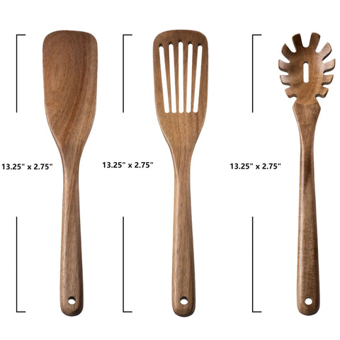 Three Piece Acacia Wood Spatula Set For Cooking, Teethed Pasta Spoon And Spaghetti Fork, 13.25" nonstick spurtles