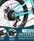 Kid Friendly Mountain Bike 20/24 Inch With 7 Speeds, suspension fork, dual disc brakes, mint green frame close-up of drivetrain