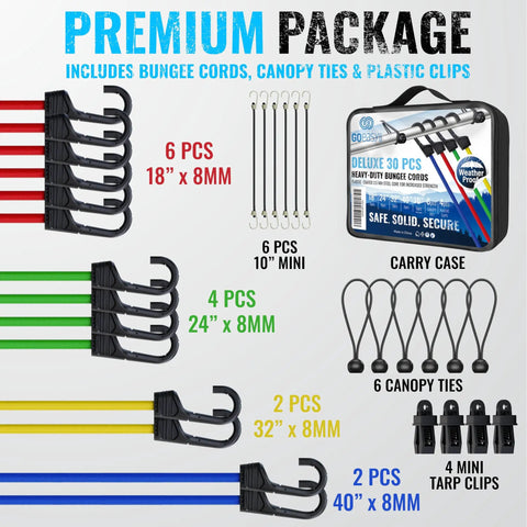 Heavy Duty Bungee Cords With Hooks 30 Pack - Assorted Sizes 18 In 24 In 32 In 40 In Canopy Bungees Tarp Clips Carry Bag
