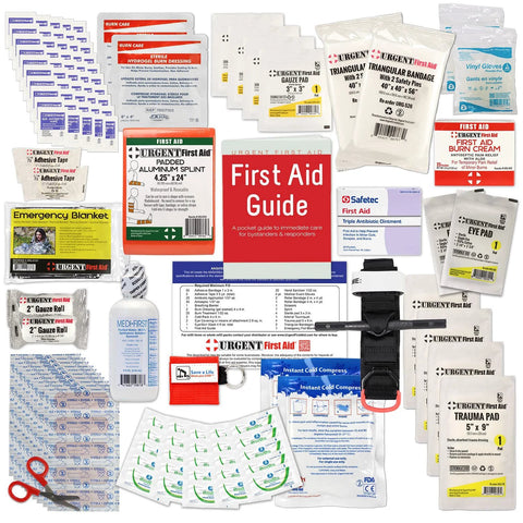 Front view collage of OSHA/ANSI First Aid Kit refill (208 pieces) with splint, tourniquet, gauze, bandages, and guide.