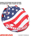Airhead Stars And Stripes Towable Tube For 1 Rider Boating And Water Sports Made In The USA Heavy Duty Full Nylon Cover Patented Speed Safety Valve For Easy Inflation And Deflation Foam Padded Handles, 1-rider front view