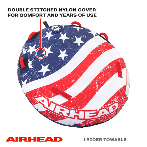 Airhead Stars And Stripes Towable Tube For 1 Rider Boating And Water Sports Made In The USA Heavy Duty Full Nylon Cover Patented Speed Safety Valve For Easy Inflation And Deflation Foam Padded Handles, 1-rider front view