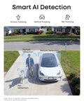 Wireless Solar Outdoor Security Camera With 2K HD Video And 360 Pan Tilt AI Auto Tracking showing human, vehicle, and pet detection.