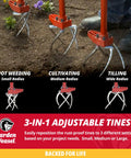 Claw Pro 3 In 1 Hand Tiller For Cultivating Loosening Aerating And Weeding With Adjustable Tines demonstrating spot weeding and tilling