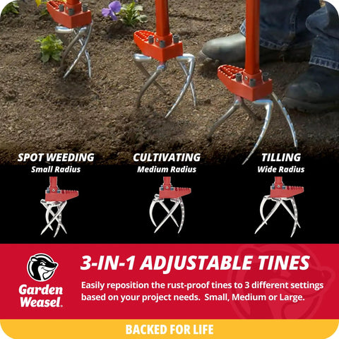 Claw Pro 3 In 1 Hand Tiller For Cultivating Loosening Aerating And Weeding With Adjustable Tines demonstrating spot weeding and tilling