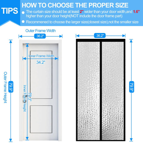 Diagram showing measurements for Magnetic Thermal Insulated Door Curtain Waterproof EVA Door Cover Fits Doors Up To 34 By 78 Inches.