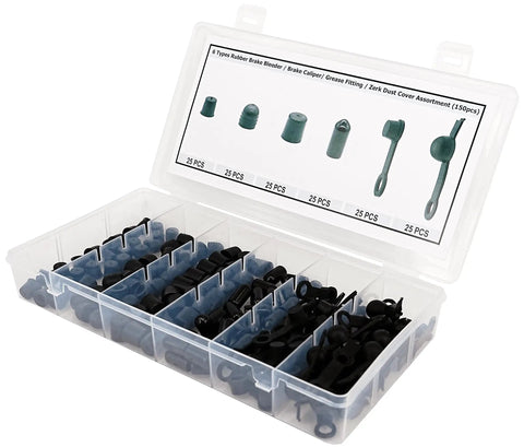 Boxed set showing 6 Types Rubber Brake Bleeder Cap Set 150 Pcs Caliper Cap Grease Fitting Cap Zerk Dust Cover Assortment for cars and motorcycles