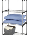 Four Tier Closet Tower Organizer Freestanding Storage Unit For Clothes And Shoes with blankets and pillows on shelves