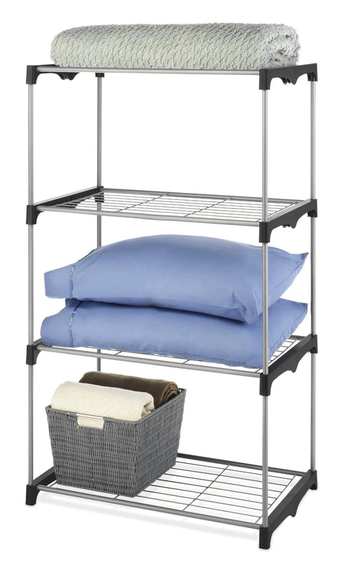 Four Tier Closet Tower Organizer Freestanding Storage Unit For Clothes And Shoes with blankets and pillows on shelves