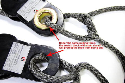 Beefy 10 Ton Aluminum Wheel Snatch Block With Steel Sheath Pulley For Offroad Recovery And Winch Accessory, Delivers 22000 Lbs Capacity, Heavy Duty Aluminum Gear Block For 4x4 Adventures, rope close-up