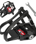 Dual Function SPD Bike Pedals With Toe Cages And Straps Nine Sixteenth Inch Alloy Spindle For Indoor Cycling Spin Mountain And Road Bikes, Compatible With Peloton And Other Popular Brands, shown with wrench